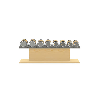 Luxury gym equipment, 4 pair of dumbbells on horizontal wooden stand, made with stainless steel, Italian grey leather and natural ash wood.