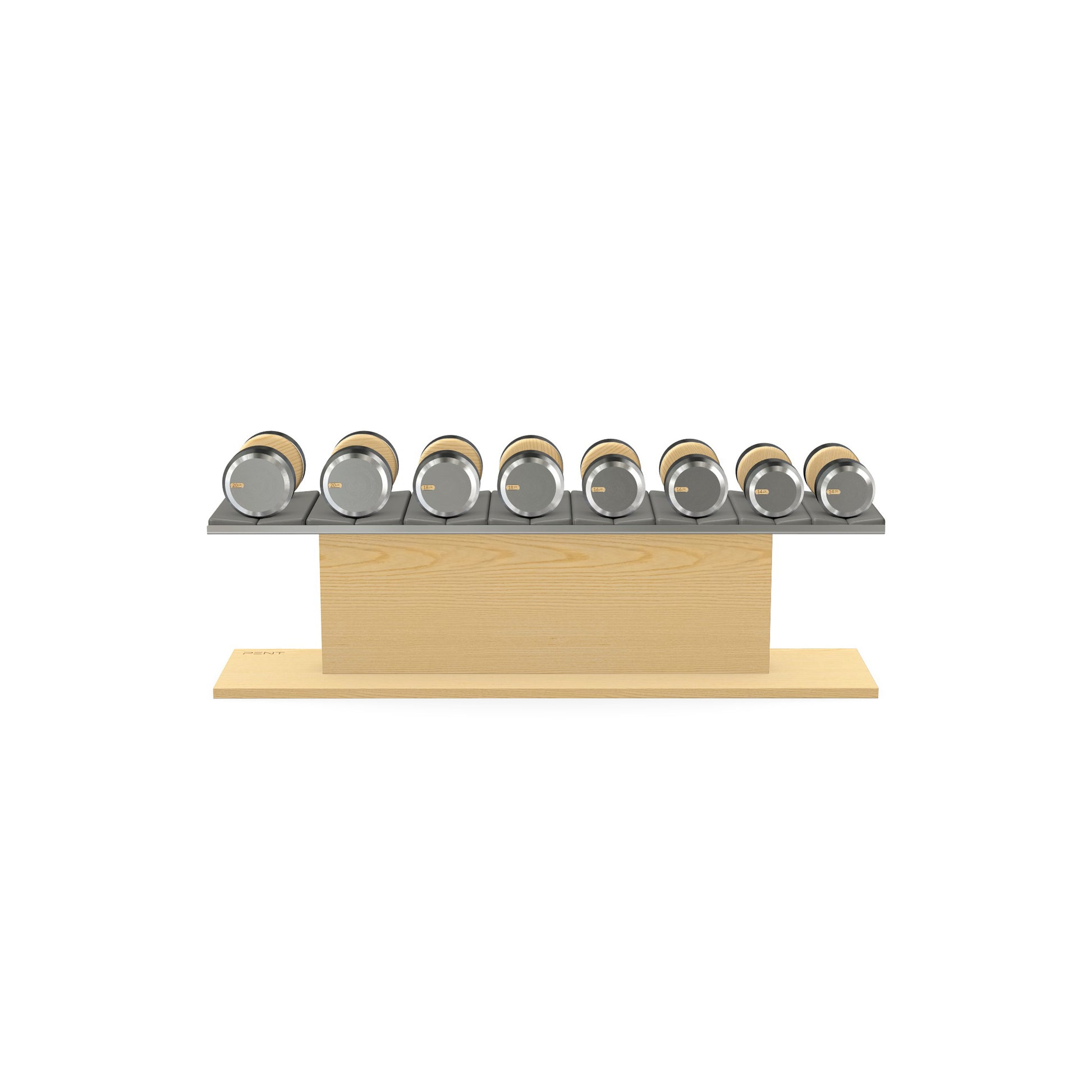 Luxury gym equipment, 4 pair of dumbbells on horizontal wooden stand, made with stainless steel, Italian grey leather and natural ash wood.