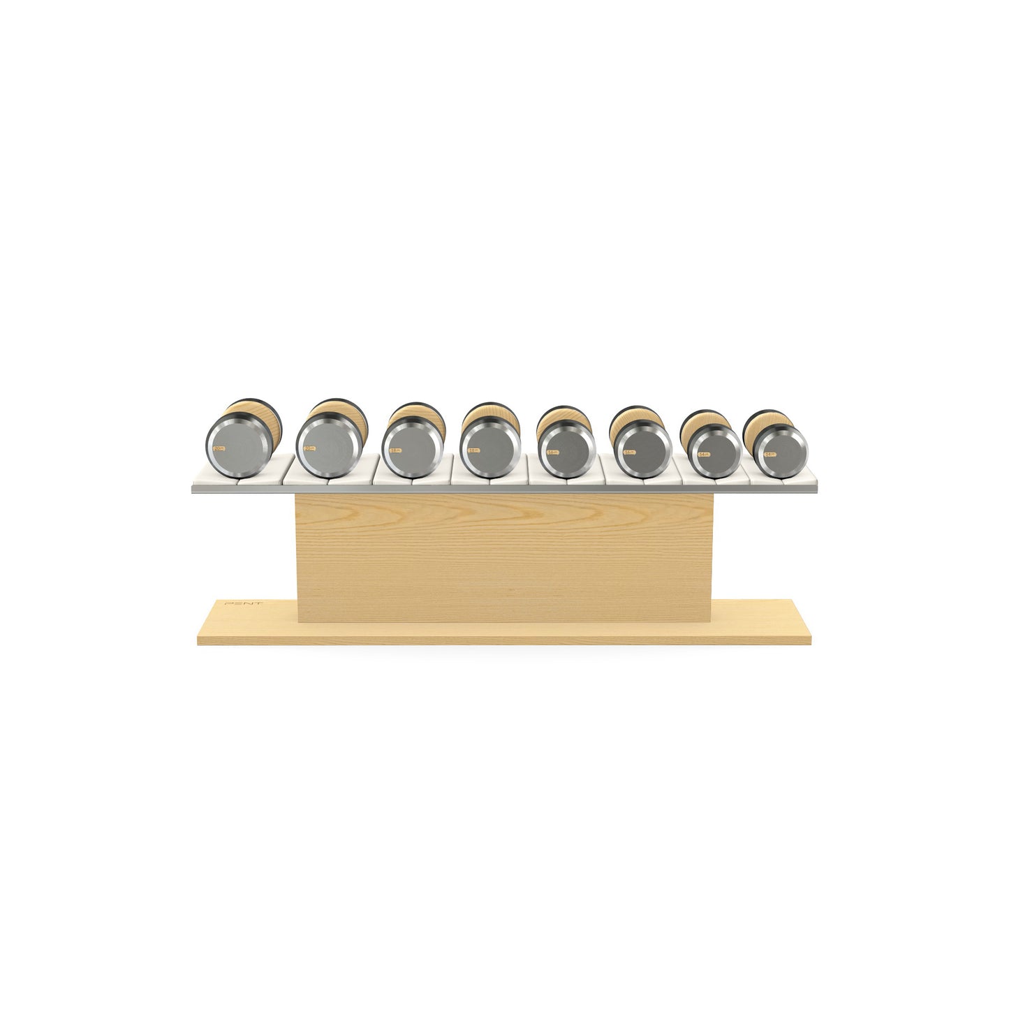 Luxury gym equipment, 4 pair of dumbbells on horizontal wooden stand, made with stainless steel, Italian white leather and natural ash wood.