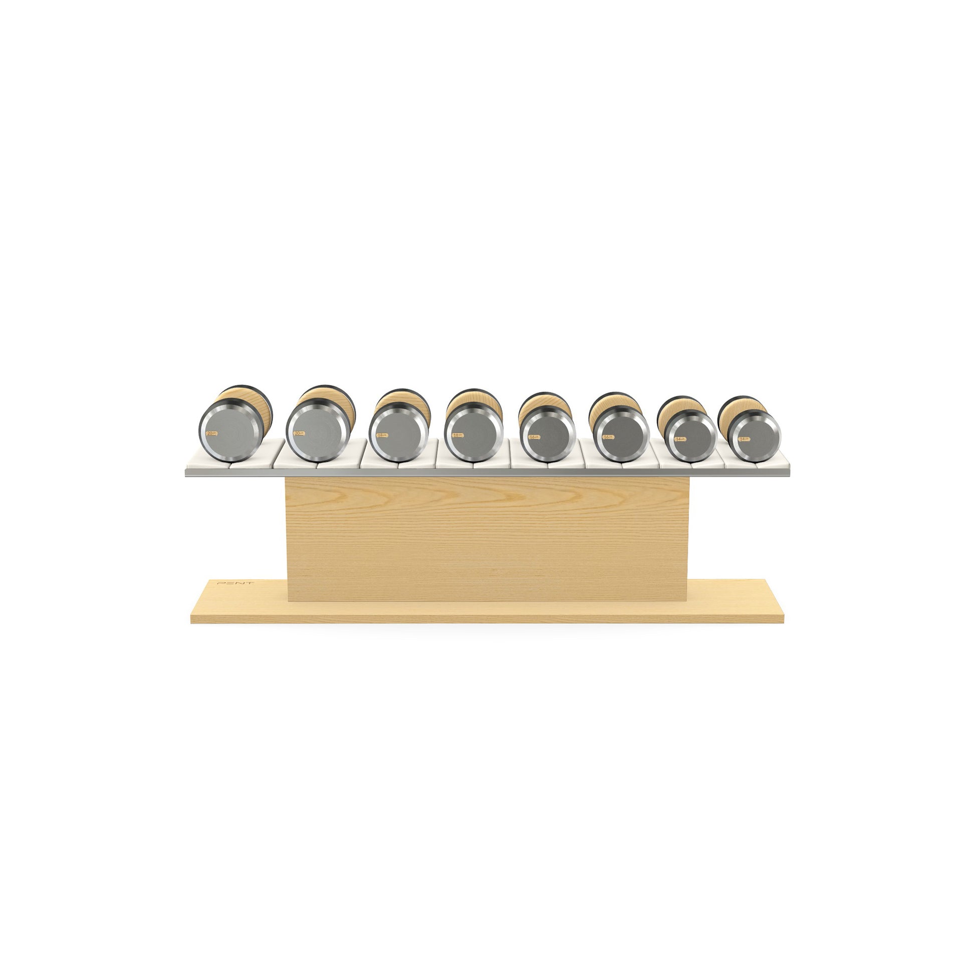 Luxury gym equipment, 4 pair of dumbbells on horizontal wooden stand, made with stainless steel, Italian white leather and natural ash wood.