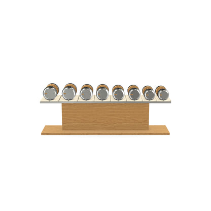 Luxury gym equipment, 4 pair of dumbbells on horizontal wooden stand, made with stainless steel, Italian beige leather and oak wood.
