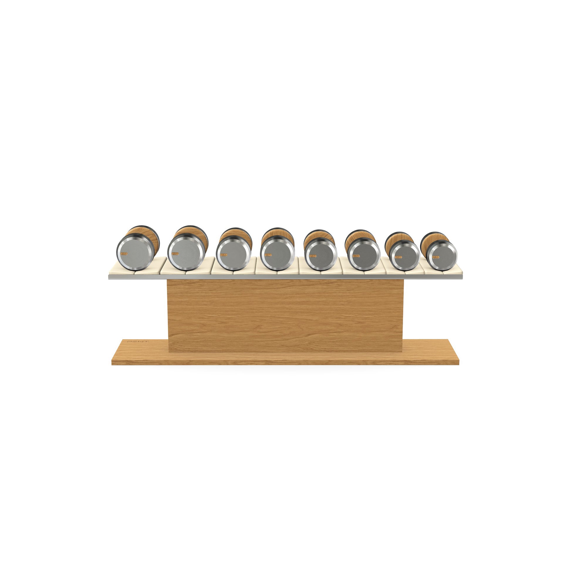 Luxury gym equipment, 4 pair of dumbbells on horizontal wooden stand, made with stainless steel, Italian beige leather and oak wood.