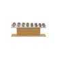 Luxury gym equipment, 4 pair of dumbbells on horizontal wooden stand, made with stainless steel, Italian beige leather and oak wood.