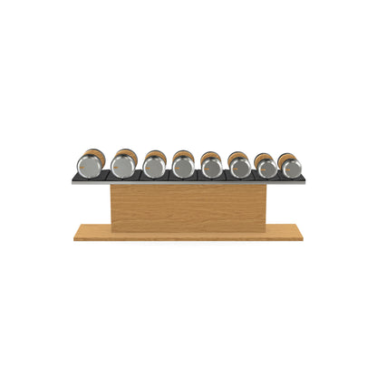 Luxury gym equipment, 4 pair of dumbbells on horizontal wooden stand, made with stainless steel, Italian black leather and oak wood.