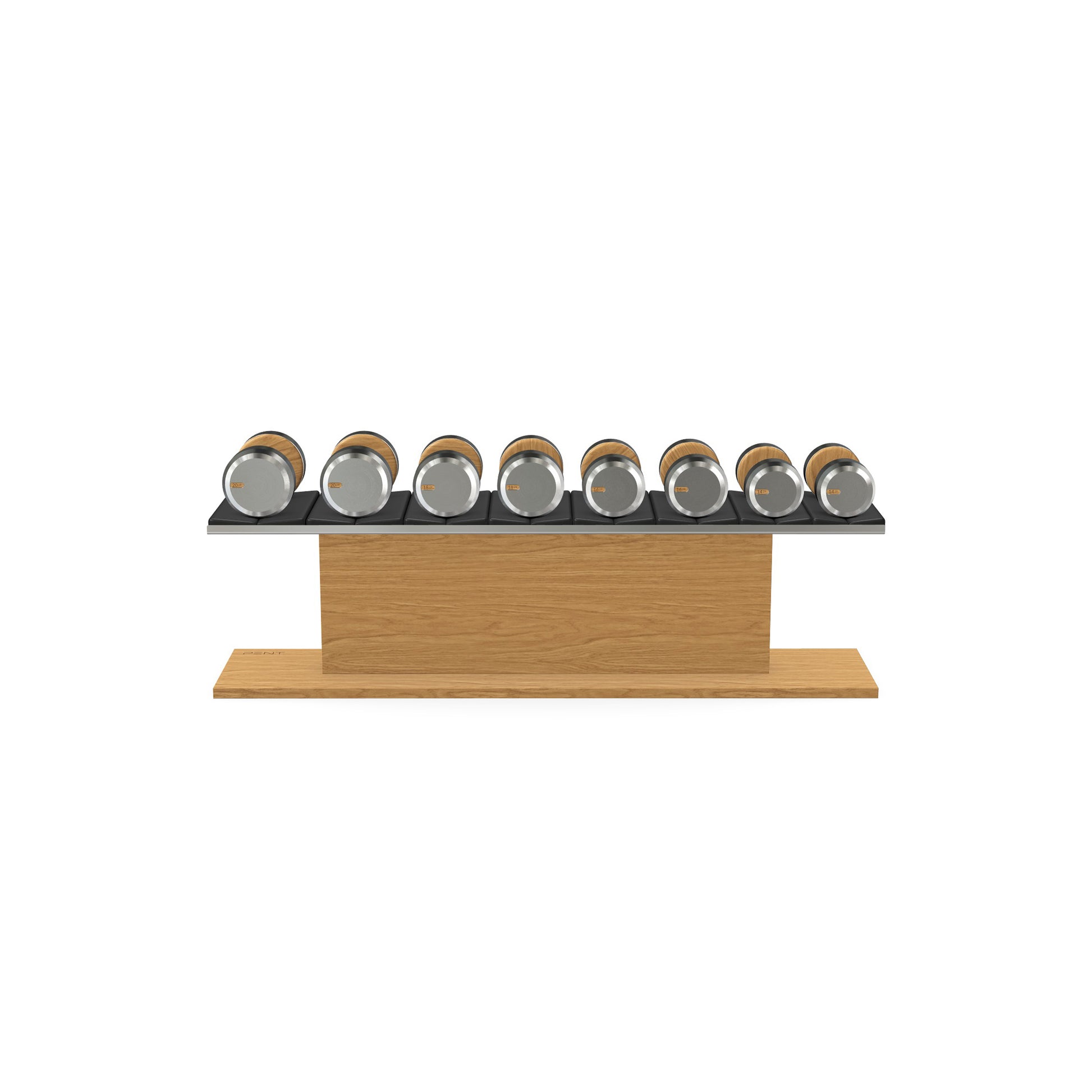 Luxury gym equipment, 4 pair of dumbbells on horizontal wooden stand, made with stainless steel, Italian black leather and oak wood.