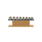 Luxury gym equipment, 4 pair of dumbbells on horizontal wooden stand, made with stainless steel, Italian black leather and oak wood.
