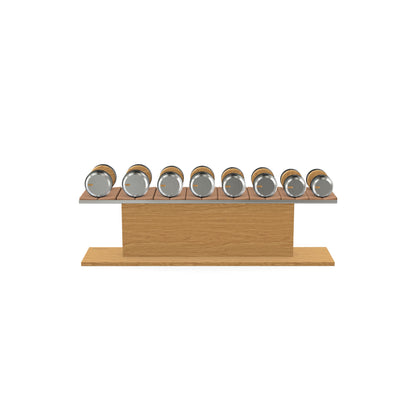 Luxury gym equipment, 4 pair of dumbbells on horizontal wooden stand, made with stainless steel, Italian brown leather and oak wood.