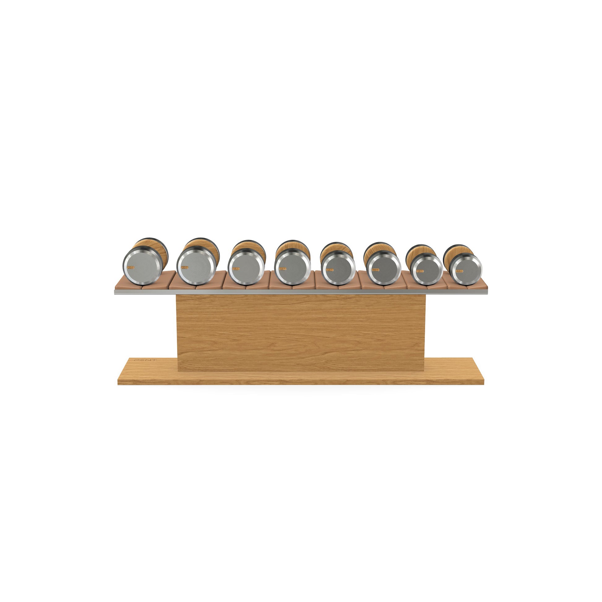 Luxury gym equipment, 4 pair of dumbbells on horizontal wooden stand, made with stainless steel, Italian brown leather and oak wood.