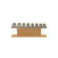 Luxury gym equipment, 4 pair of dumbbells on horizontal wooden stand, made with stainless steel, Italian brown leather and oak wood.