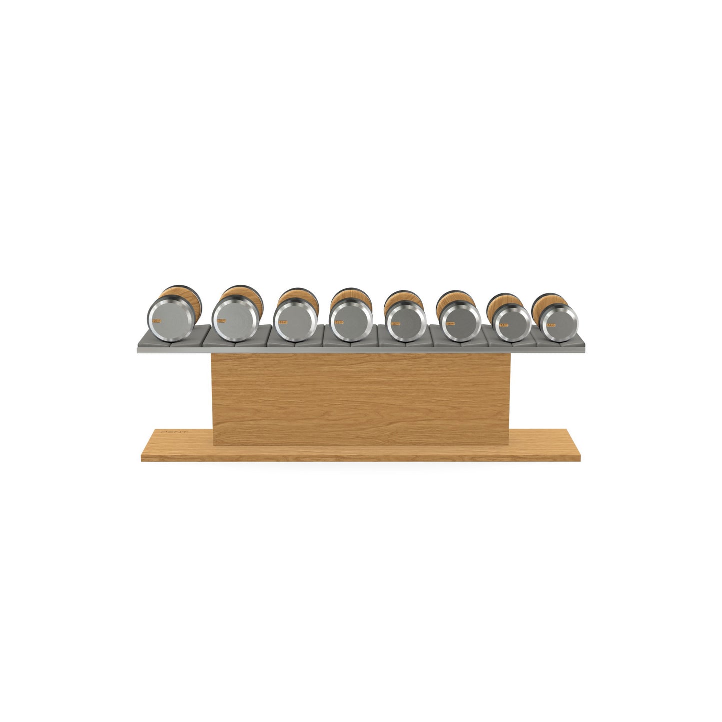 Luxury gym equipment, 4 pair of dumbbells on horizontal wooden stand, made with stainless steel, Italian grey leather and oak wood.