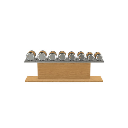 Luxury gym equipment, 4 pair of dumbbells on horizontal wooden stand, made with stainless steel, Italian grey leather and oak wood.
