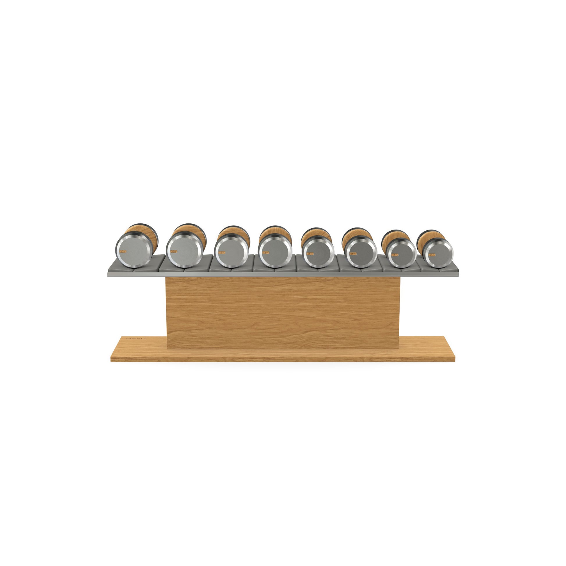 Luxury gym equipment, 4 pair of dumbbells on horizontal wooden stand, made with stainless steel, Italian grey leather and oak wood.
