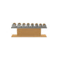 Luxury gym equipment, 4 pair of dumbbells on horizontal wooden stand, made with stainless steel, Italian grey leather and oak wood.