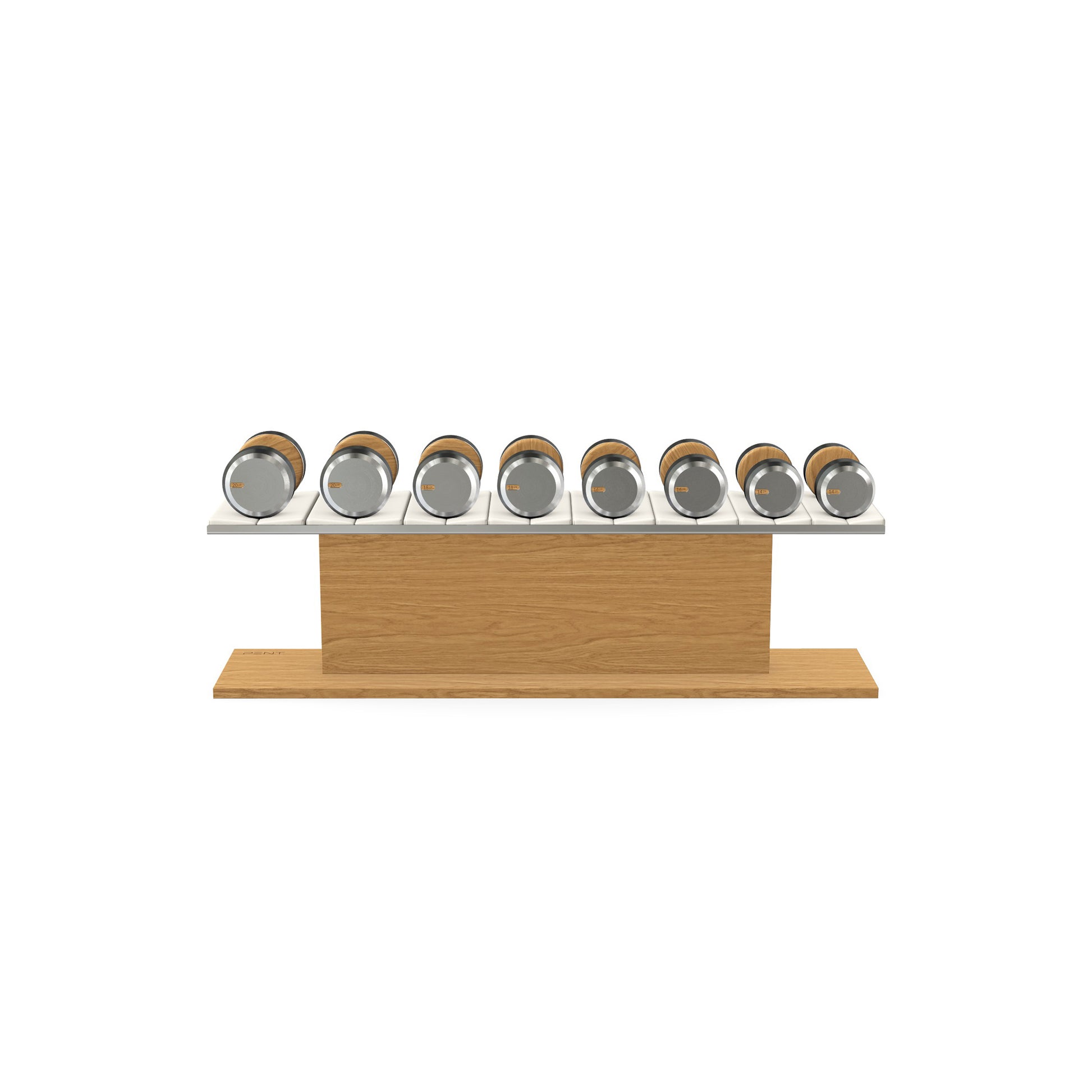 Luxury gym equipment, 4 pair of dumbbells on horizontal wooden stand, made with stainless steel, Italian white leather and oak wood.