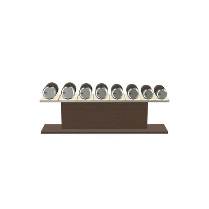 Luxury gym equipment, 4 pair of dumbbells on horizontal wooden stand, made with stainless steel, Italian beige leather and dark walnut wood.