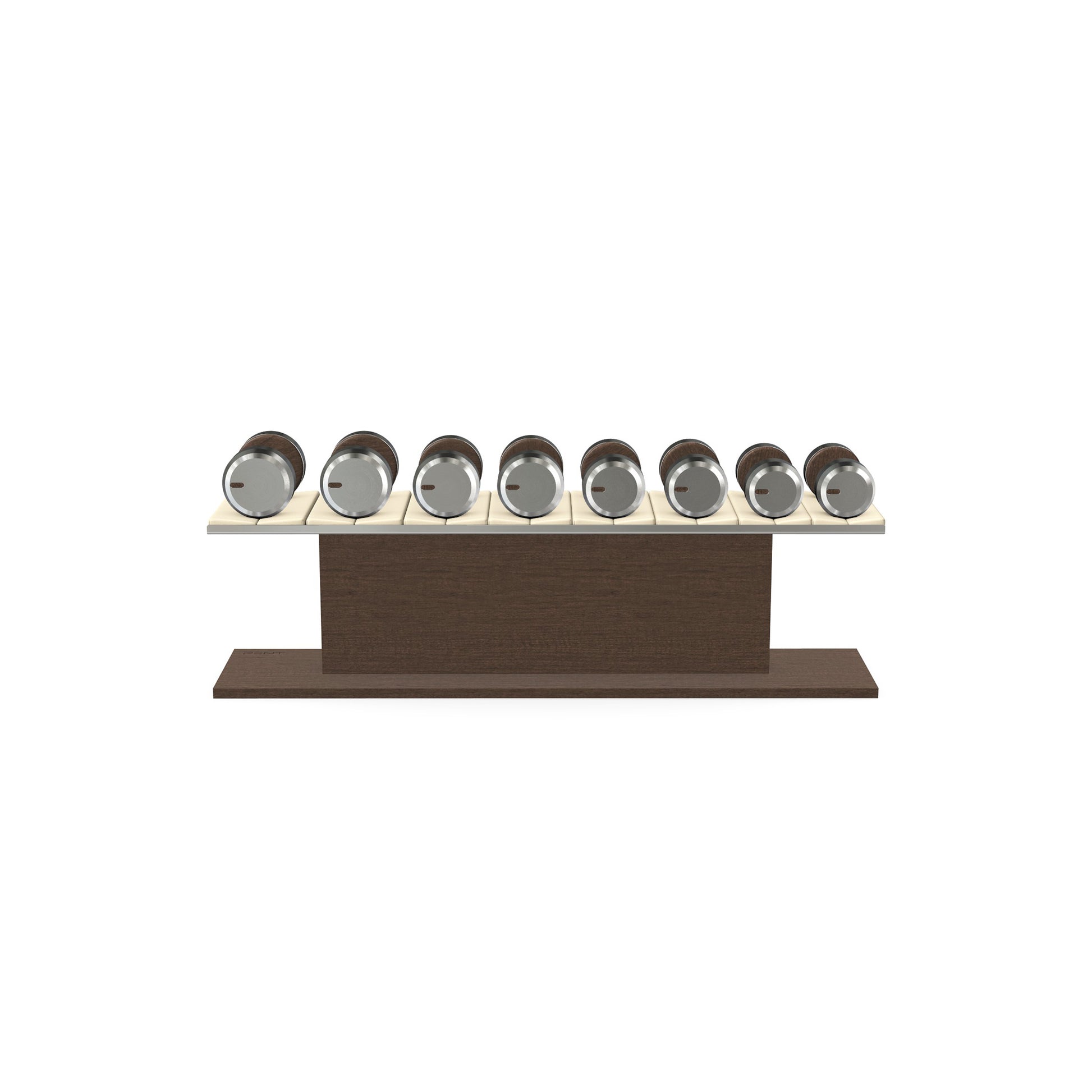 Luxury gym equipment, 4 pair of dumbbells on horizontal wooden stand, made with stainless steel, Italian beige leather and dark walnut wood.