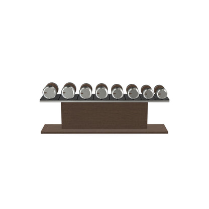 Luxury gym equipment, 4 pair of dumbbells on horizontal wooden stand, made with stainless steel, Italian black leather and dark walnut wood.