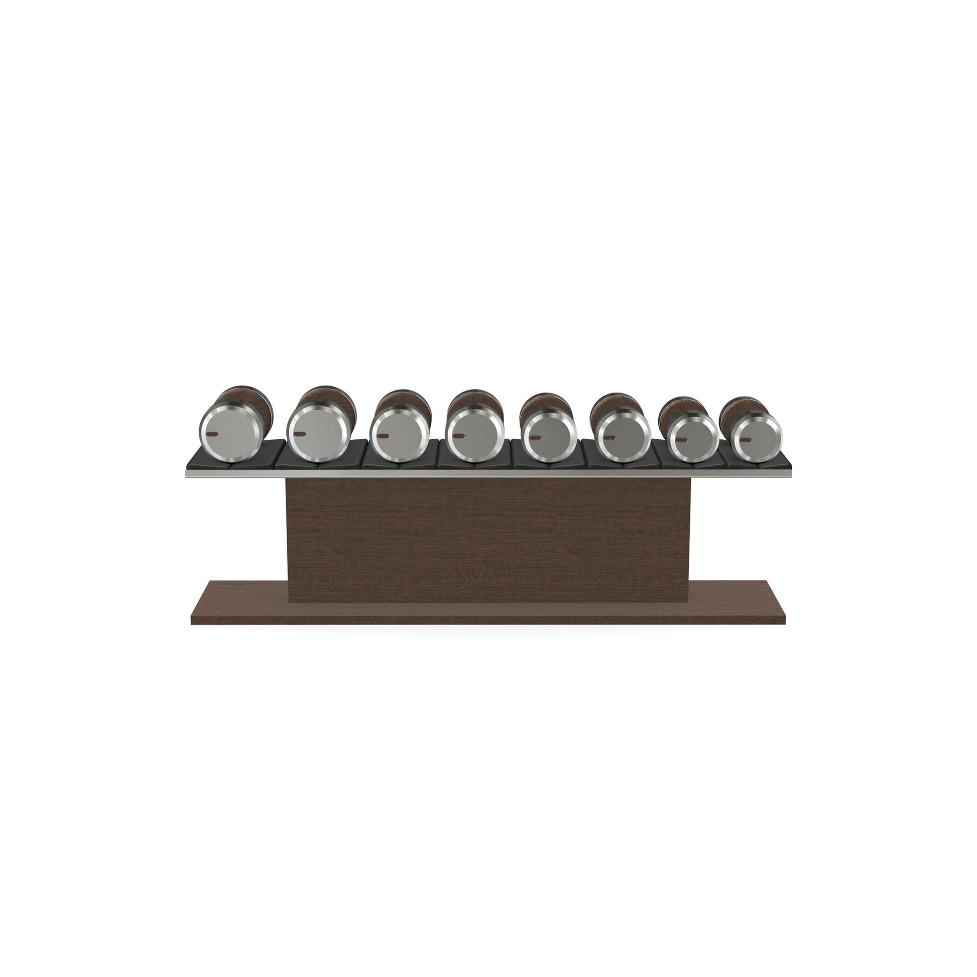 Luxury gym equipment, 4 pair of dumbbells on horizontal wooden stand, made with stainless steel, Italian black leather and dark walnut wood.