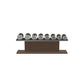Luxury gym equipment, 4 pair of dumbbells on horizontal wooden stand, made with stainless steel, Italian black leather and dark walnut wood.