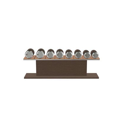 Luxury gym equipment, 4 pair of dumbbells on horizontal wooden stand, made with stainless steel, Italian brown leather and dark walnut wood.