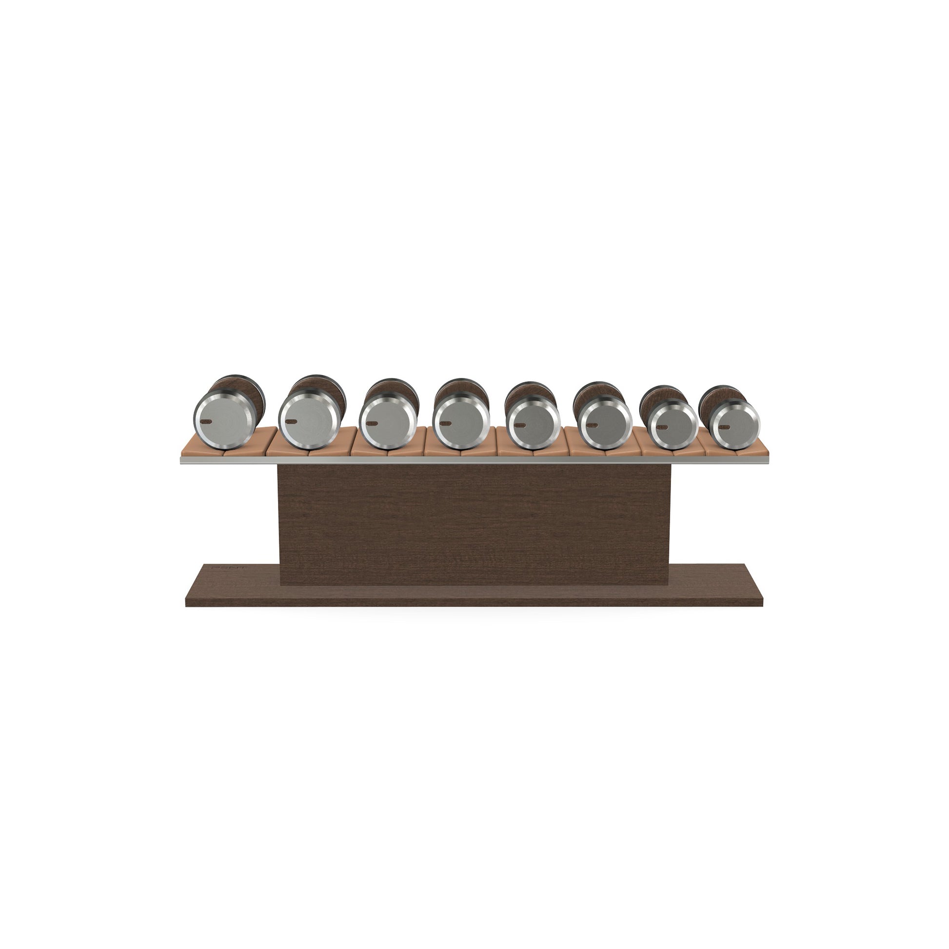 Luxury gym equipment, 4 pair of dumbbells on horizontal wooden stand, made with stainless steel, Italian brown leather and dark walnut wood.