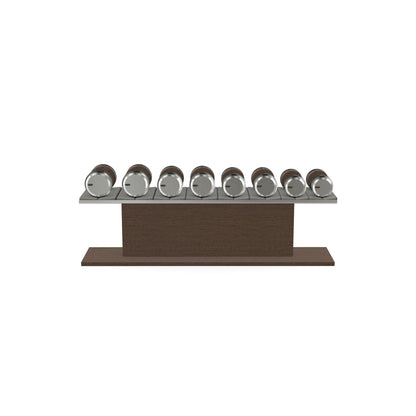 Luxury gym equipment, 4 pair of dumbbells on horizontal wooden stand, made with stainless steel, Italian grey leather and dark walnut wood.