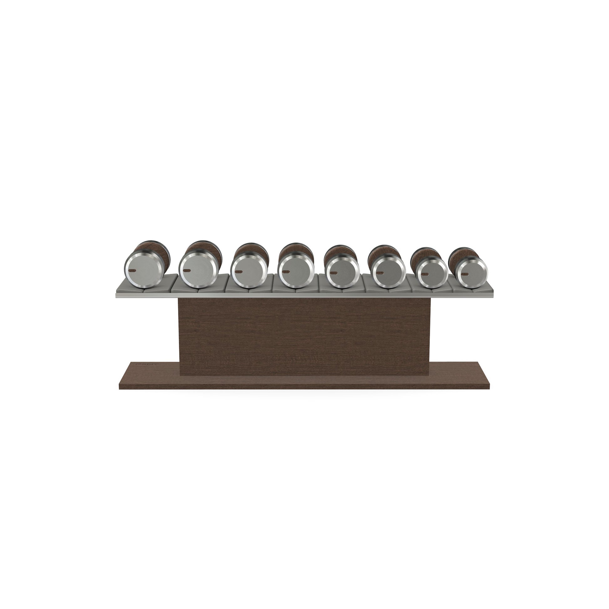 Luxury gym equipment, 4 pair of dumbbells on horizontal wooden stand, made with stainless steel, Italian grey leather and dark walnut wood.