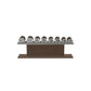 Luxury gym equipment, 4 pair of dumbbells on horizontal wooden stand, made with stainless steel, Italian grey leather and dark walnut wood.