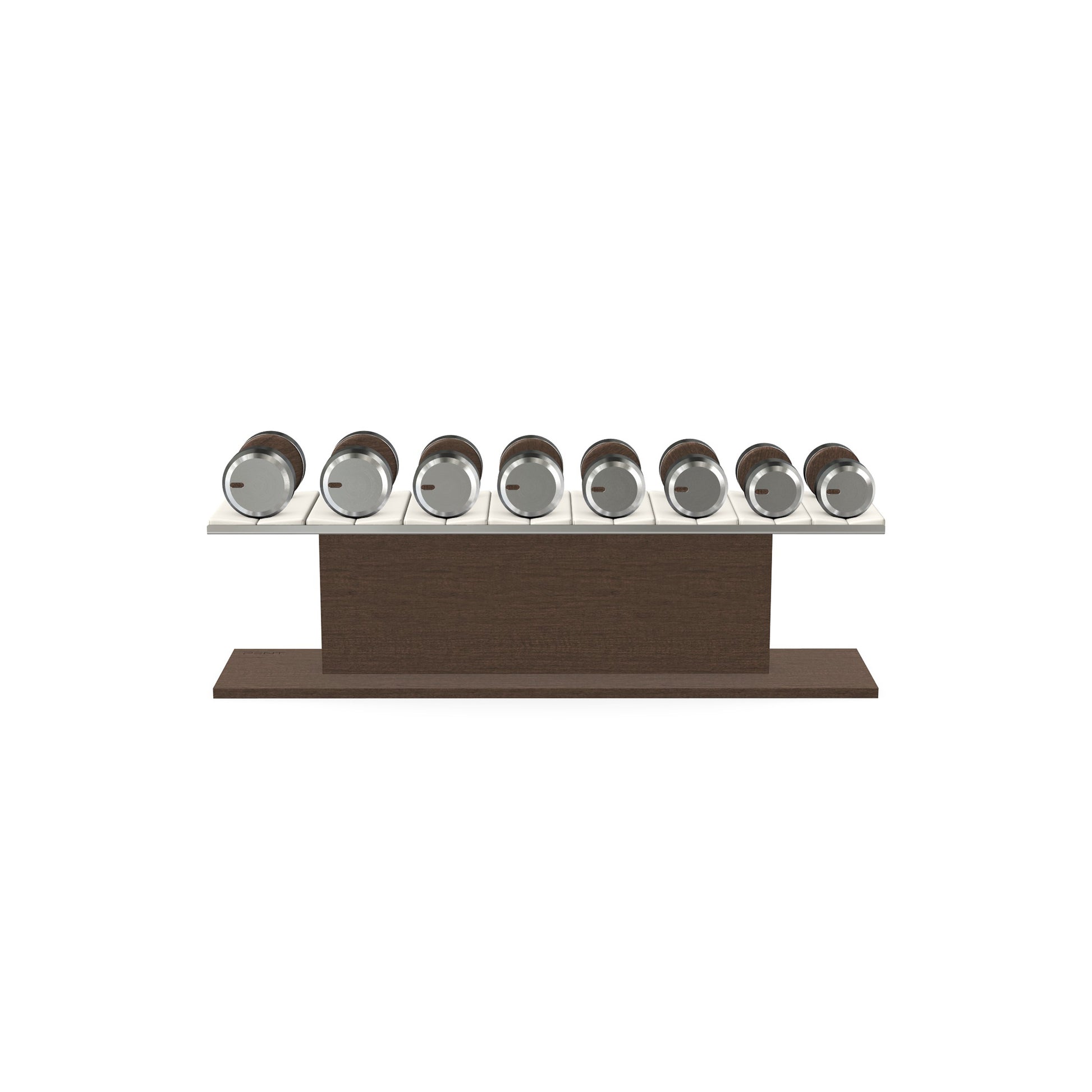 Luxury gym equipment, 4 pair of dumbbells on horizontal wooden stand, made with stainless steel, Italian white leather and dark walnut wood.