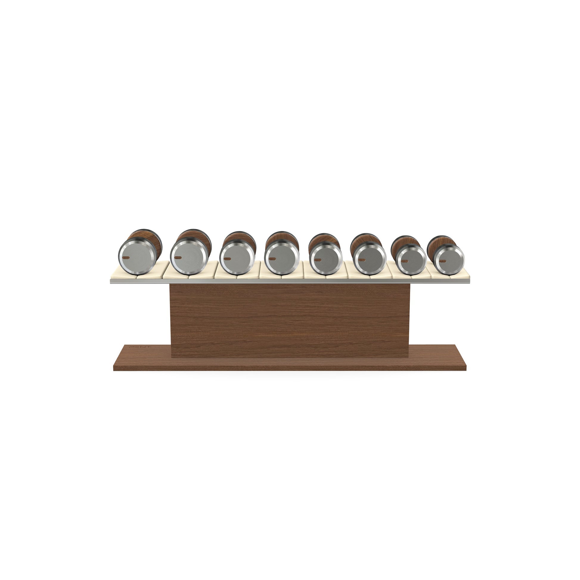 Luxury gym equipment, 4 pair of dumbbells on horizontal wooden stand, made with stainless steel, Italian beige leather and natural walnut wood.