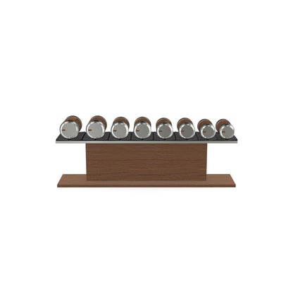 Luxury gym equipment, 4 pair of dumbbells on horizontal wooden stand, made with stainless steel, Italian black leather and natural walnut wood.