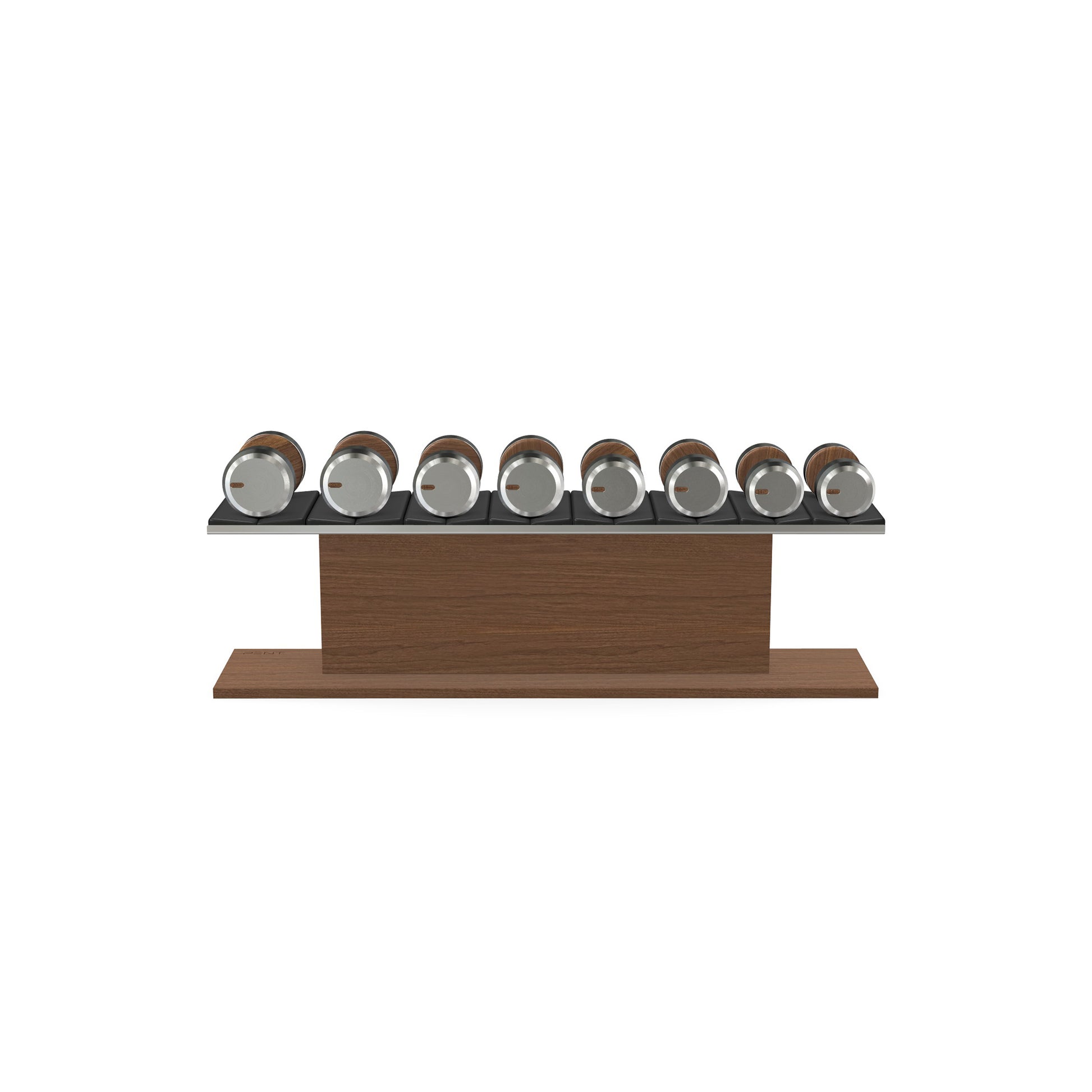 Luxury gym equipment, 4 pair of dumbbells on horizontal wooden stand, made with stainless steel, Italian black leather and natural walnut wood.