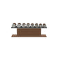 Luxury gym equipment, 4 pair of dumbbells on horizontal wooden stand, made with stainless steel, Italian black leather and natural walnut wood.