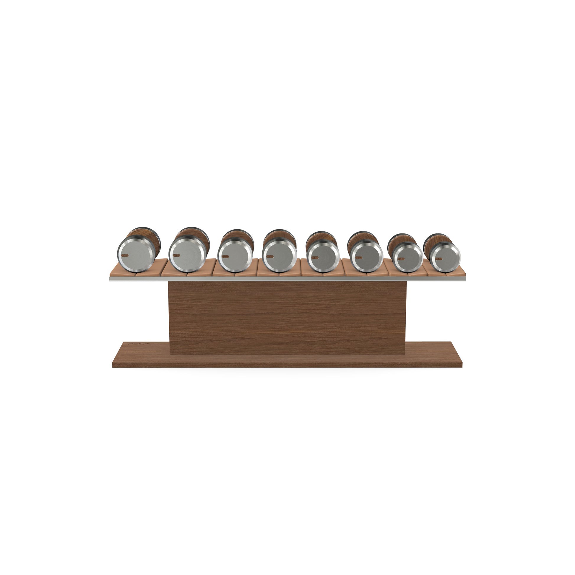 Luxury gym equipment, 4 pair of dumbbells on horizontal wooden stand, made with stainless steel, Italian brown leather and natural walnut wood.
