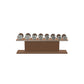 Luxury gym equipment, 4 pair of dumbbells on horizontal wooden stand, made with stainless steel, Italian brown leather and natural walnut wood.