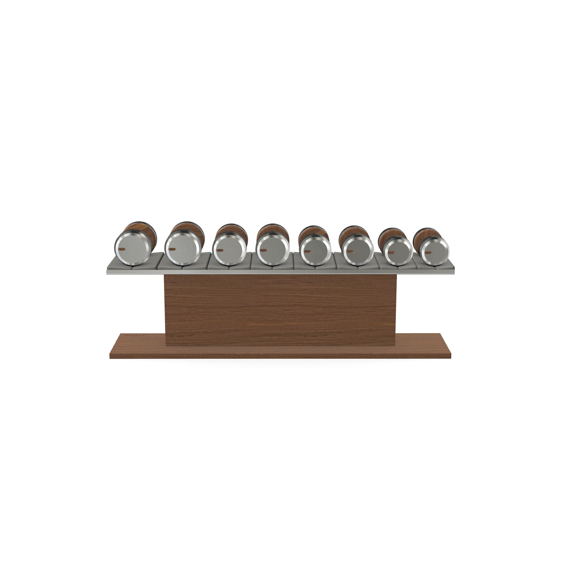 Luxury gym equipment, 4 pair of dumbbells on horizontal wooden stand, made with stainless steel, Italian grey leather and natural walnut wood.
