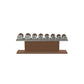Luxury gym equipment, 4 pair of dumbbells on horizontal wooden stand, made with stainless steel, Italian grey leather and natural walnut wood.