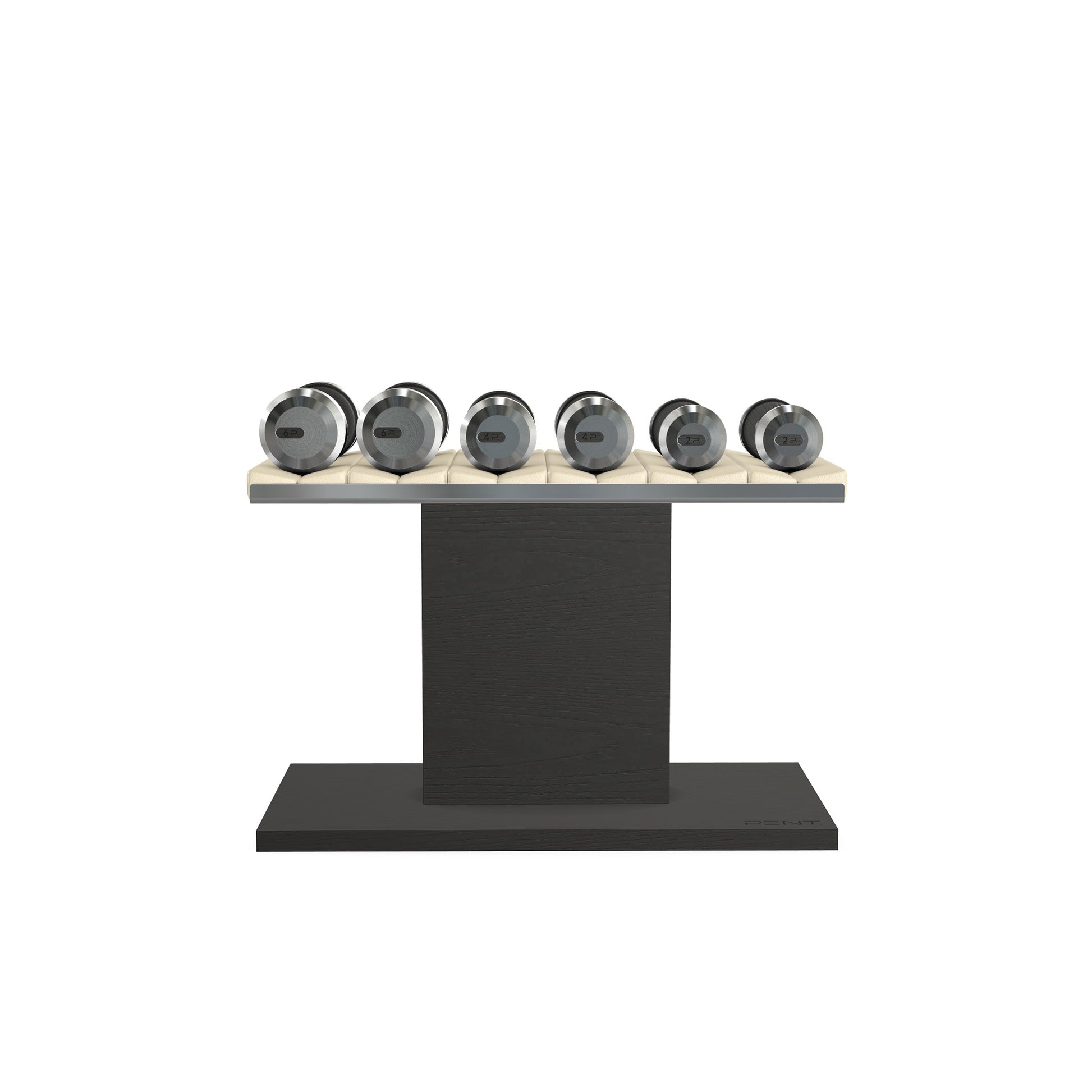 Luxury gym equipment, 3 pair of dumbbells on horizontal wooden stand, made with stainless steel, Italian beige leather and black ash wood.