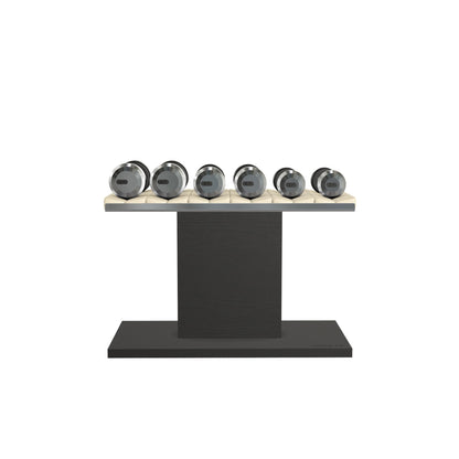 Luxury gym equipment, 3 pair of dumbbells on horizontal wooden stand, made with stainless steel, Italian beige leather and black ash wood.