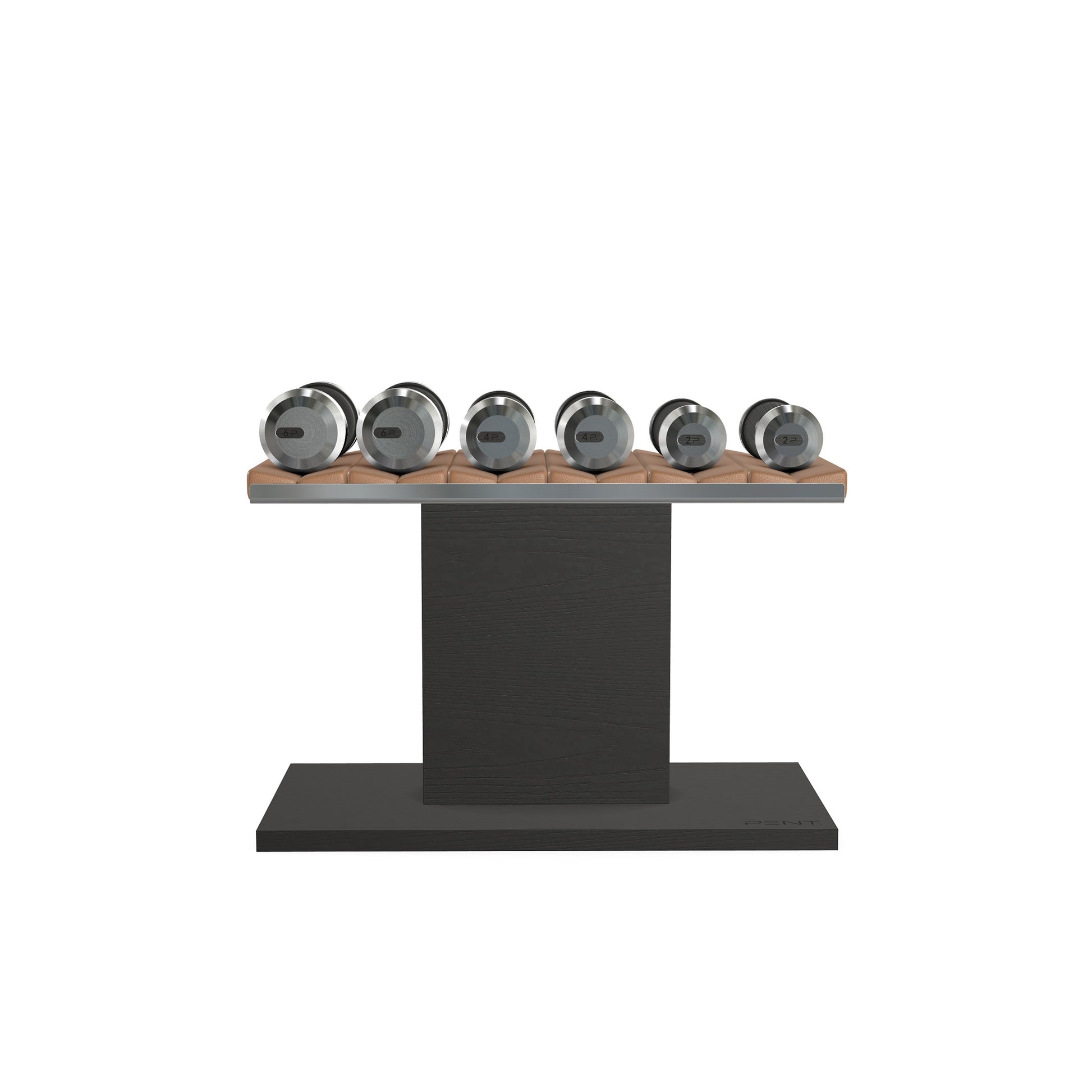 Luxury gym equipment, 3 pair of dumbbells on horizontal wooden stand, made with stainless steel, Italian brown leather and black ash wood.