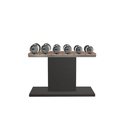 Luxury gym equipment, 3 pair of dumbbells on horizontal wooden stand, made with stainless steel, Italian brown leather and black ash wood.