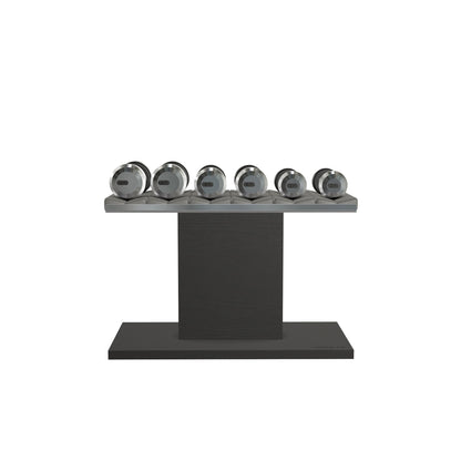Luxury gym equipment, 3 pair of dumbbells on horizontal wooden stand, made with stainless steel, Italian grey leather and black ash wood.