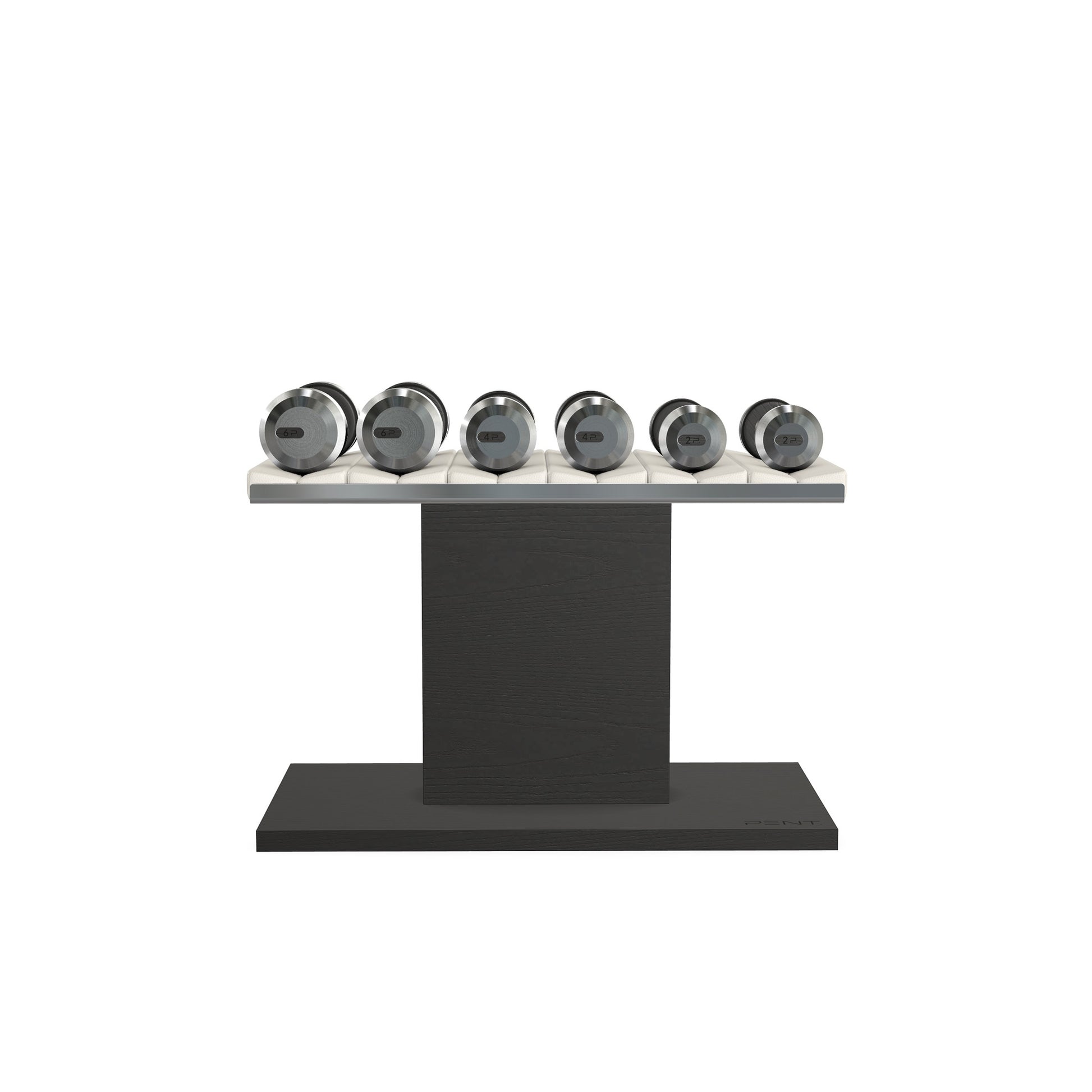 Luxury gym equipment, 3 pair of dumbbells on horizontal wooden stand, made with stainless steel, Italian white leather and black ash wood.