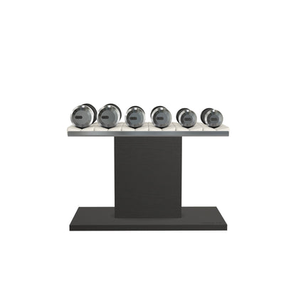 Luxury gym equipment, 3 pair of dumbbells on horizontal wooden stand, made with stainless steel, Italian white leather and black ash wood.