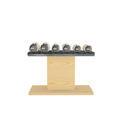 Luxury gym equipment, 3 pair of dumbbells on horizontal wooden stand, made with stainless steel, Italian black leather and natural ash wood.