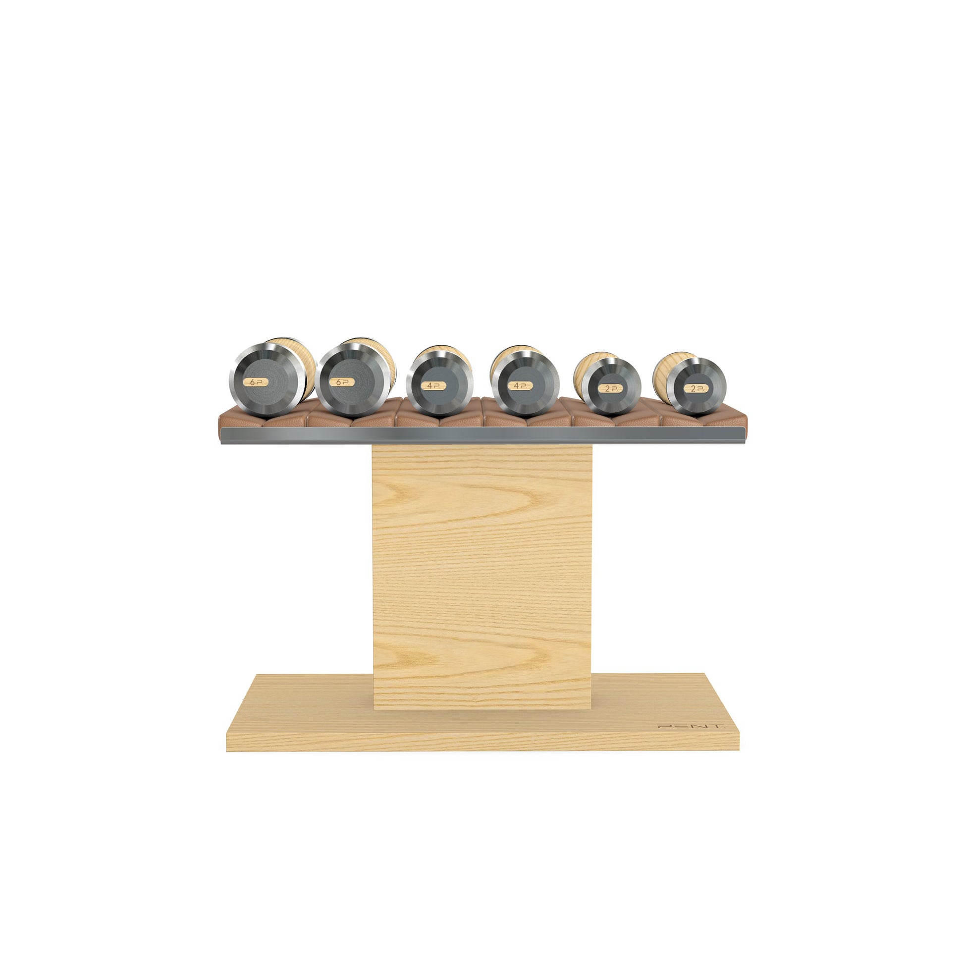 Luxury gym equipment, 3 pair of dumbbells on horizontal wooden stand, made with stainless steel, Italian brown leather and natural ash wood.