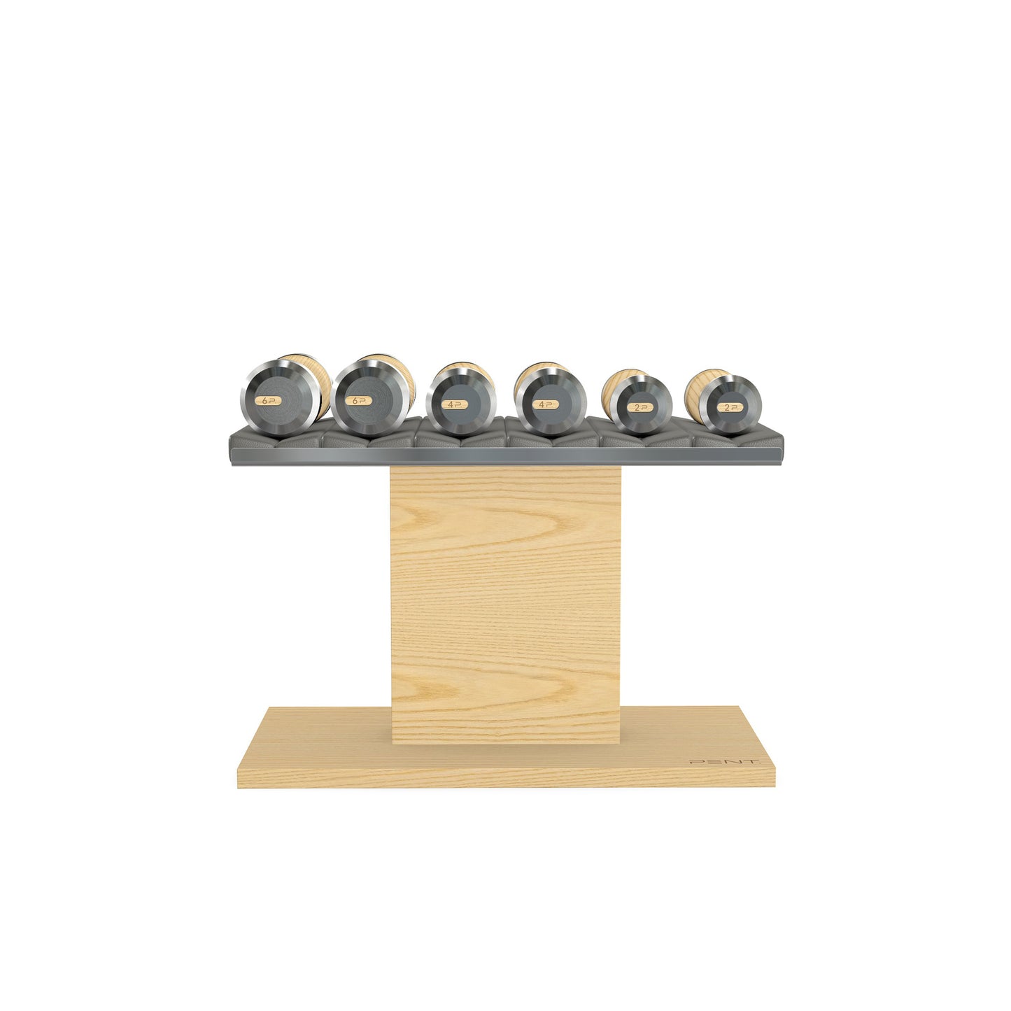 Luxury gym equipment, 3 pair of dumbbells on horizontal wooden stand, made with stainless steel, Italian grey leather and natural ash wood.