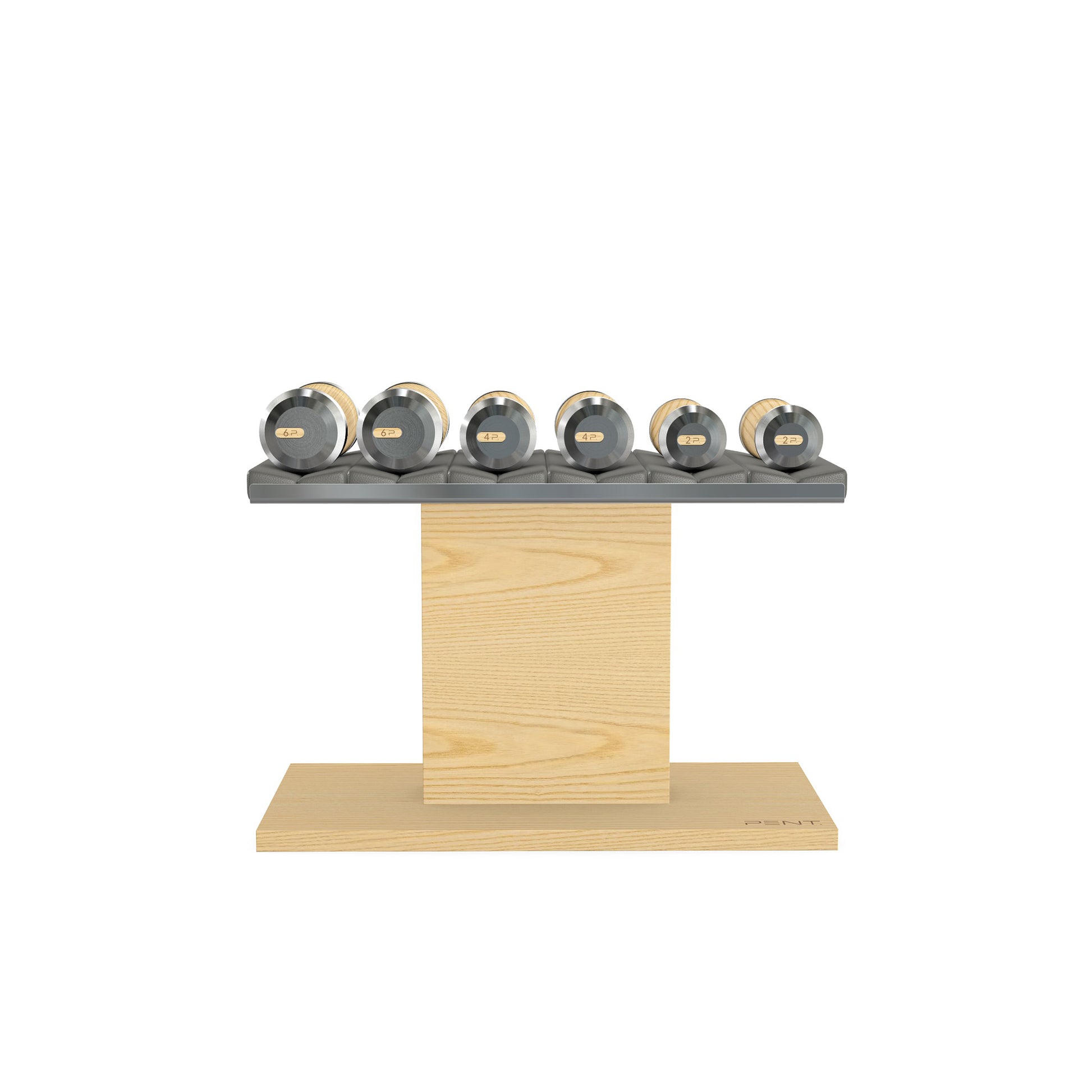 Luxury gym equipment, 3 pair of dumbbells on horizontal wooden stand, made with stainless steel, Italian grey leather and natural ash wood.