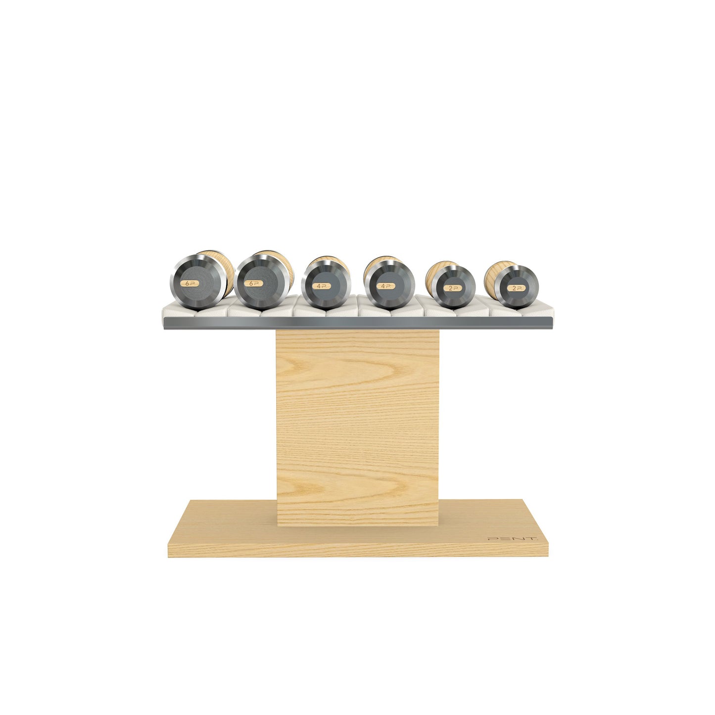 Luxury gym equipment, 3 pair of dumbbells on horizontal wooden stand, made with stainless steel, Italian white leather and natural ash wood.