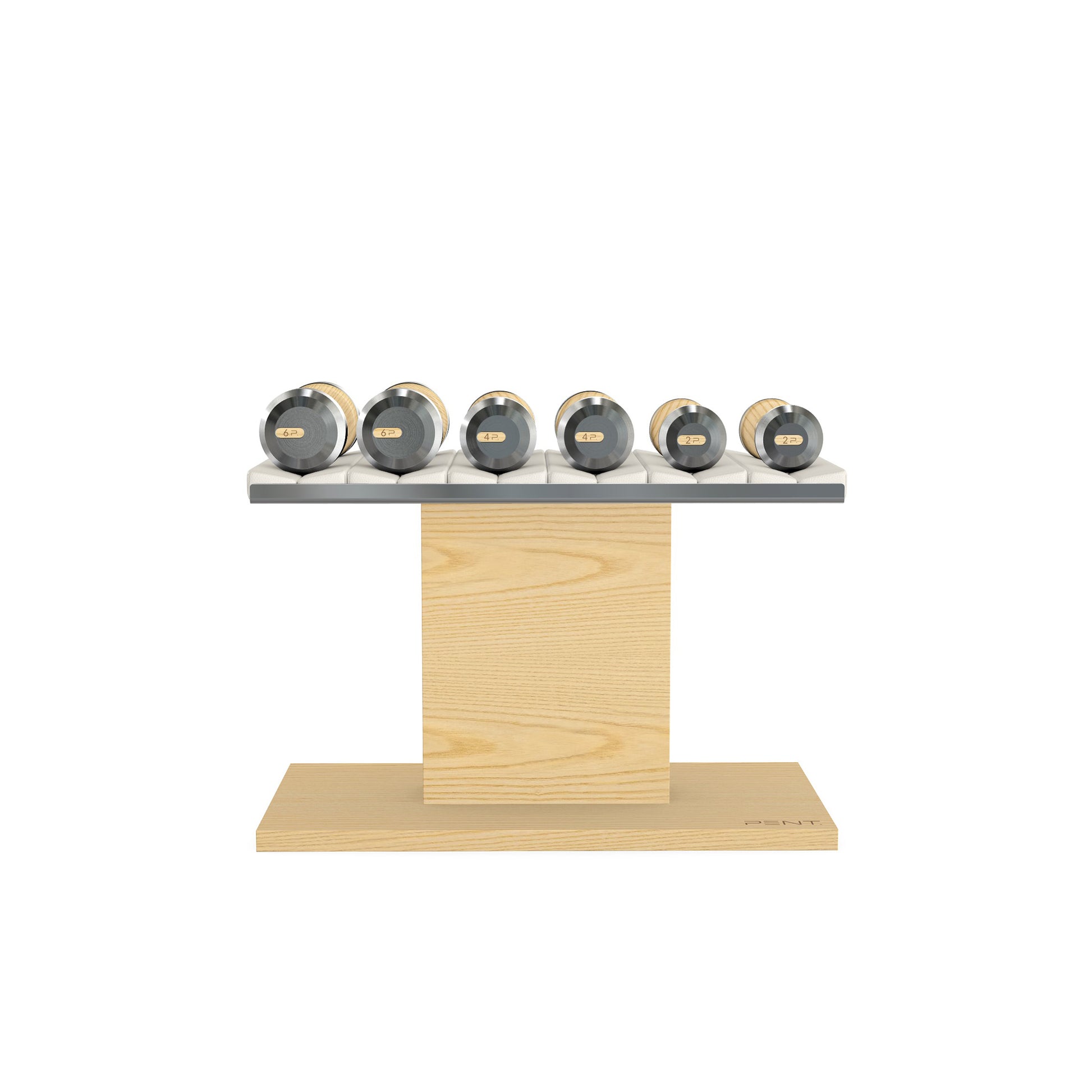 Luxury gym equipment, 3 pair of dumbbells on horizontal wooden stand, made with stainless steel, Italian white leather and natural ash wood.